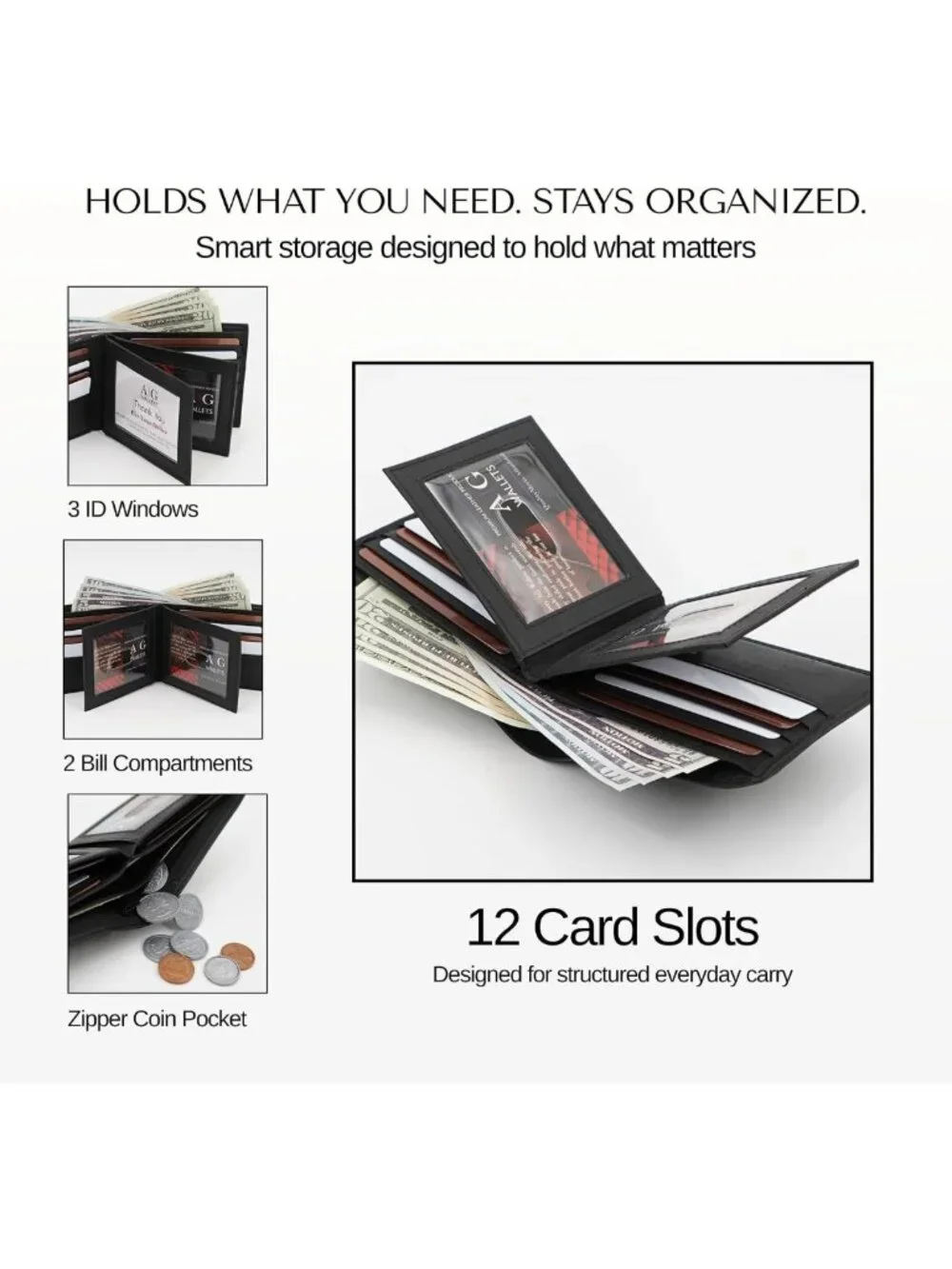 Stylish Black Bifold Leather Wallet for Men, 3 ID Windows & Zipper Pocket